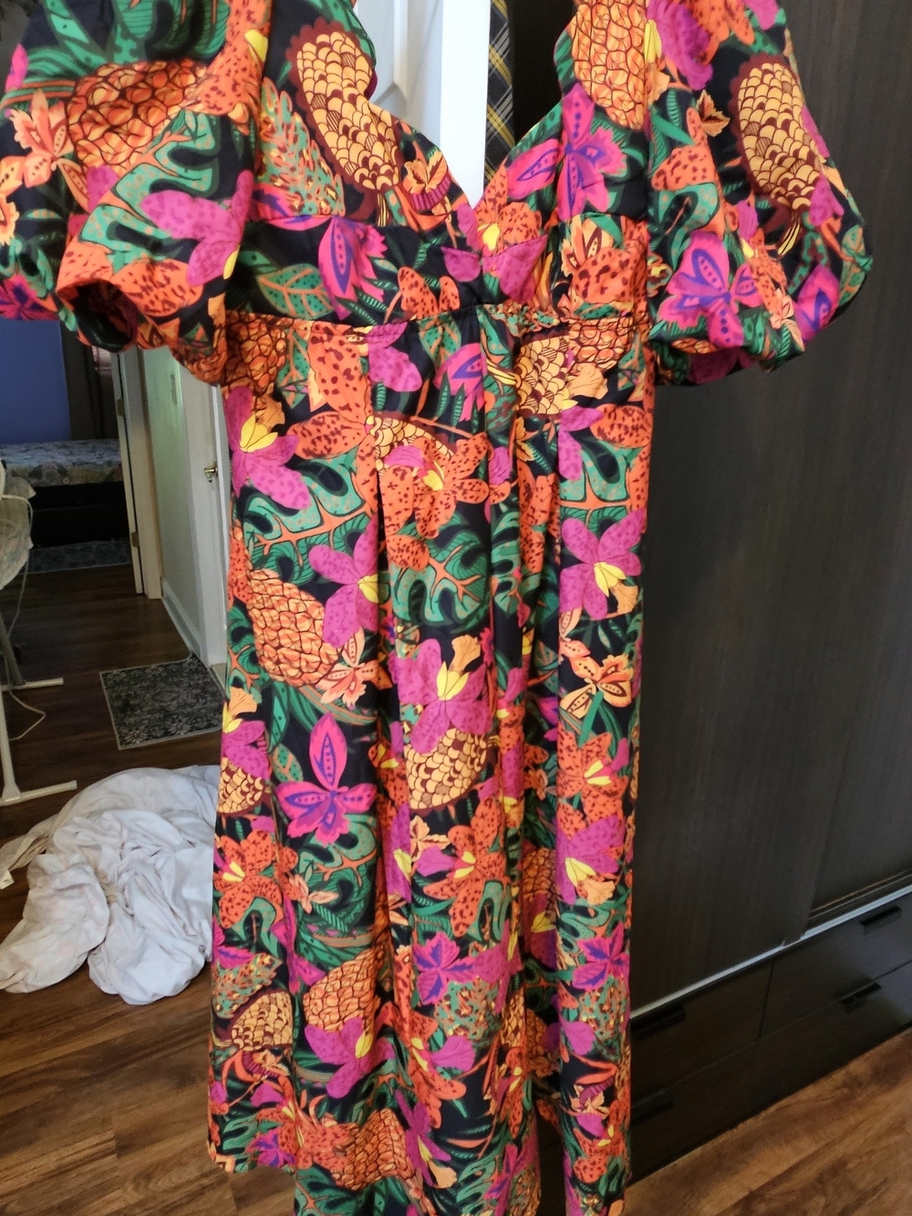 Tropical Pineapple Floral Puff Sleeve Maxi Dress - Black Base with Neon Accents